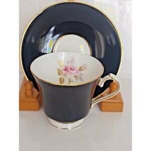 Vintage Aynsley Black Cup Set with Red Rose Flower Cup #2964 Gold Trim